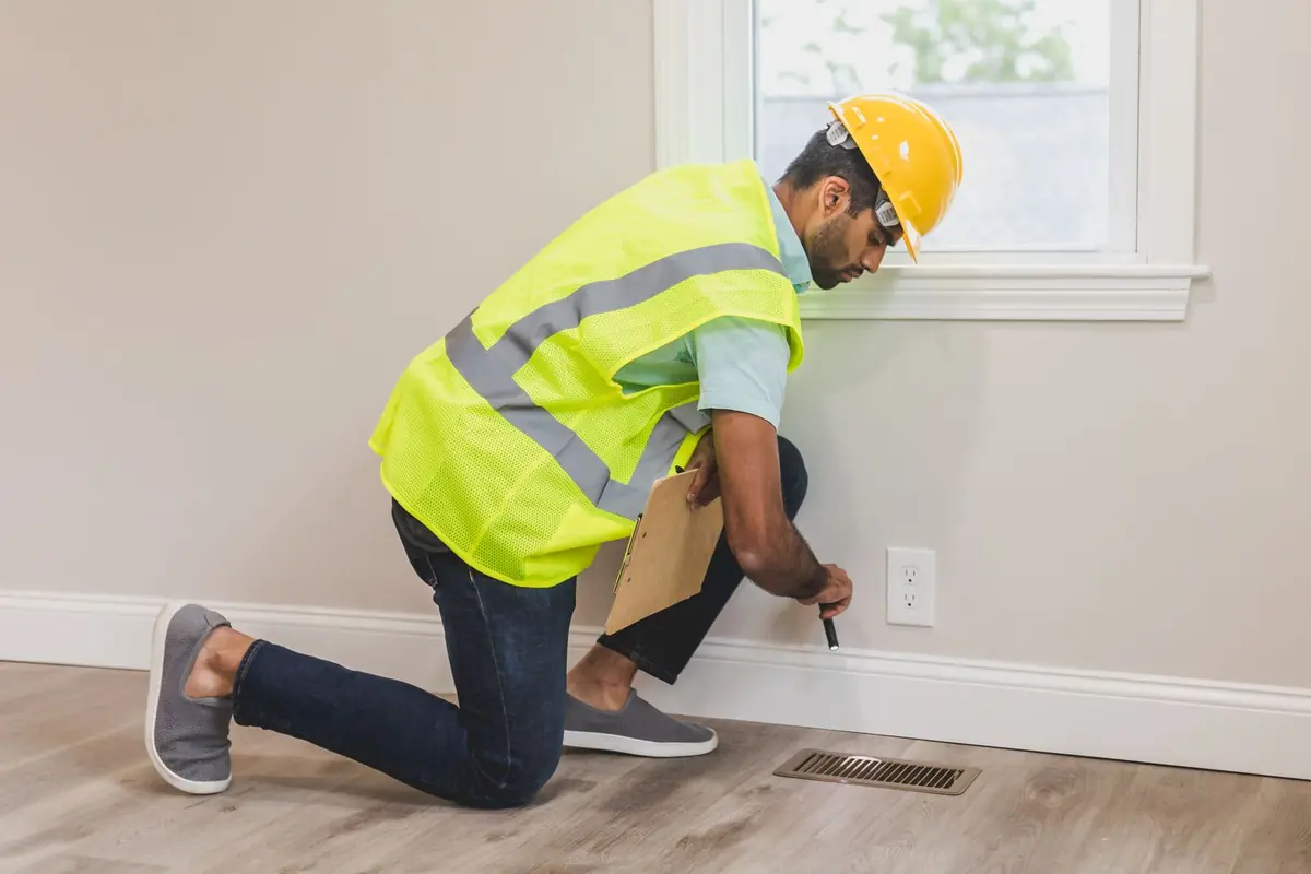 A technician checking moisture at the baseboards of a Sherman, TX home