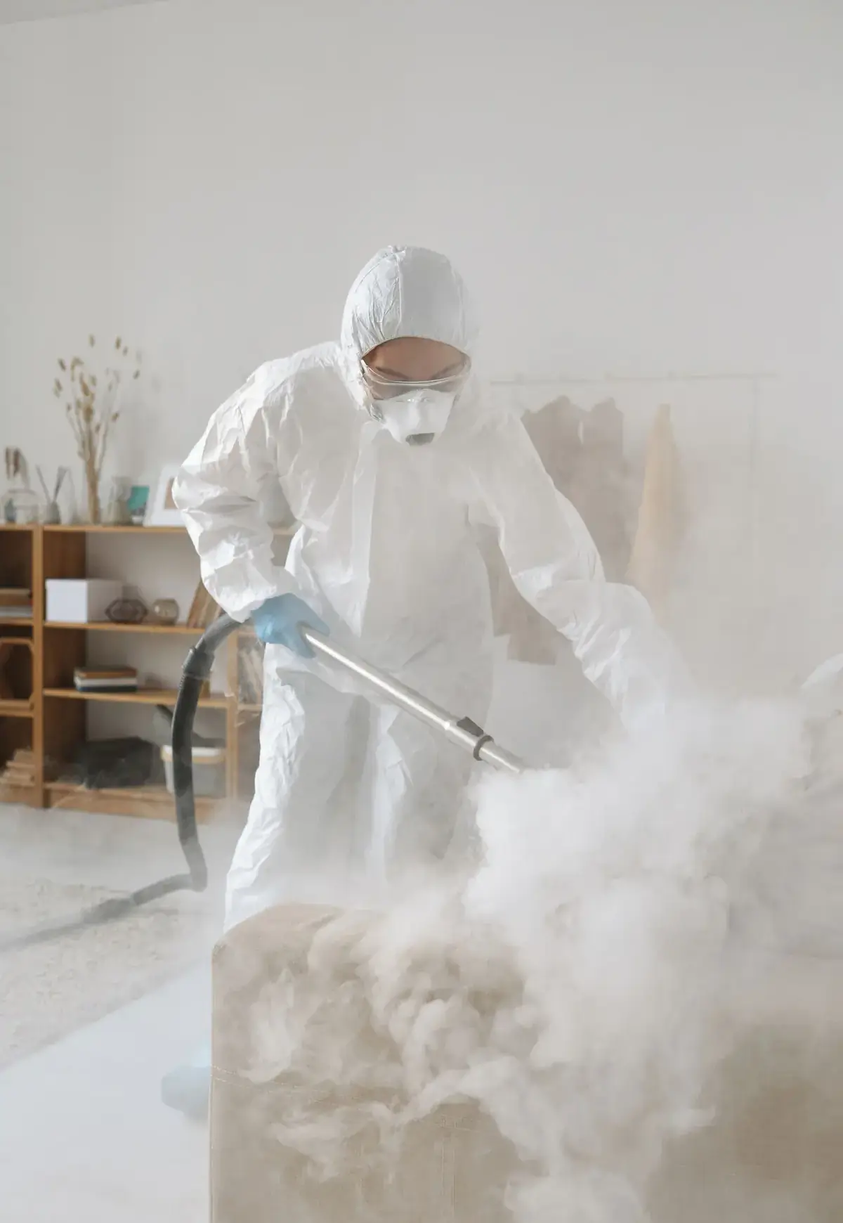 A worker in full protective gear sanitising a room after a sewage backup